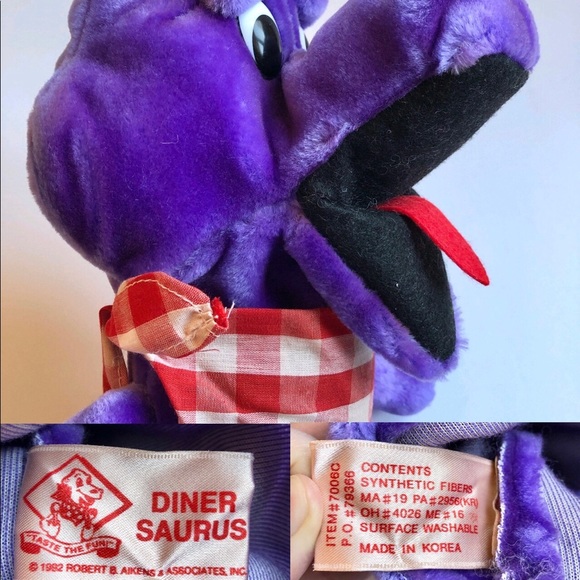 NEW Vintage Hand Puppet DINER SAURUS Stuffed Plush Animal Toy 9 3/4” Purple - Picture 8 of 16